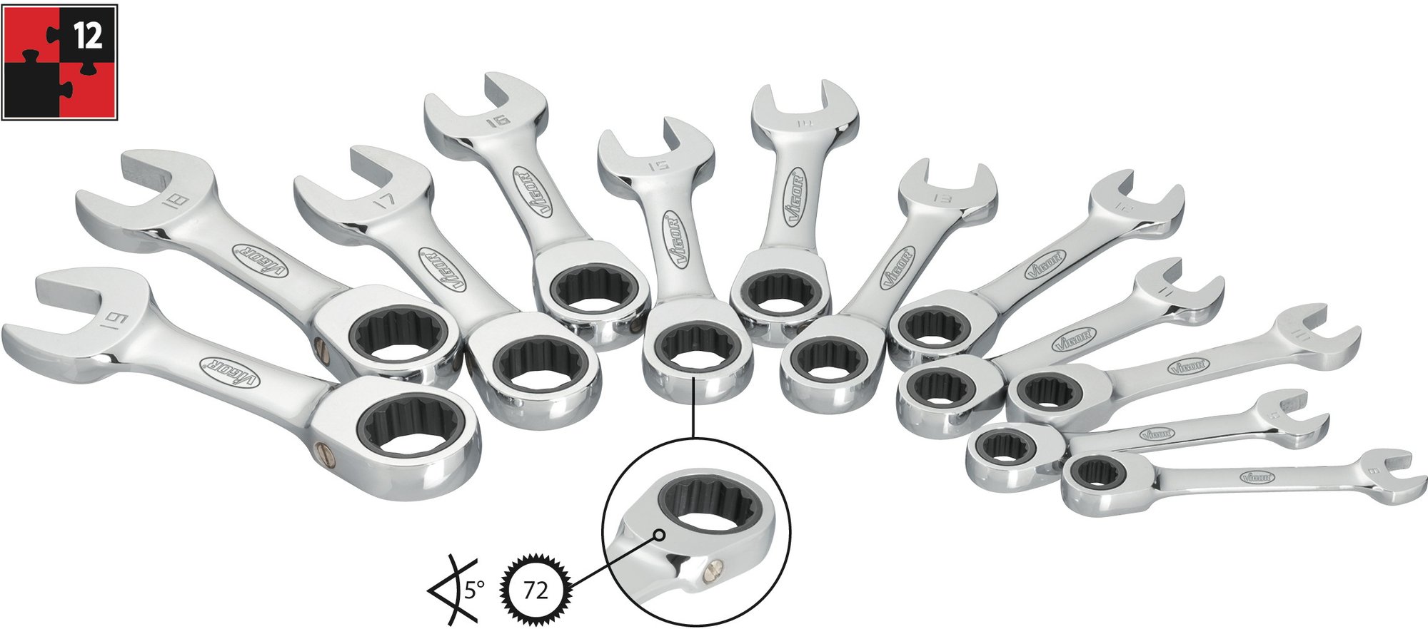 Vigor V2821 Knarren-Ring-Maulschlüssel-Satz 12teilig Schlüsselweite (Metrisch) 8 - 19 mm