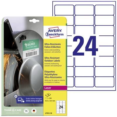 Avery-Zweckform L7912-10 Folien-Etiketten 63.5 x 33.9 mm Polyethylenfolie Weiß 240 St. Permanent haftend Farblaserdrucke