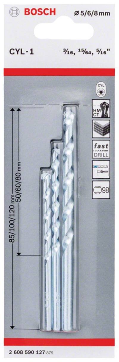 Bosch Accessories CYL-1 2608590127 Stein-Spiralbohrer-Set 3teilig 5 mm, 6 mm, 8 mm Zylinderschaft 1 Set