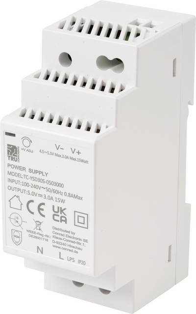 TRU COMPONENTS TC-13713368 Hutschienen-Netzteil (DIN-Rail) Verbrauch (StandBy) 0.3 W 5 V/DC 3 A 15 W Anzahl Ausgänge:1 x