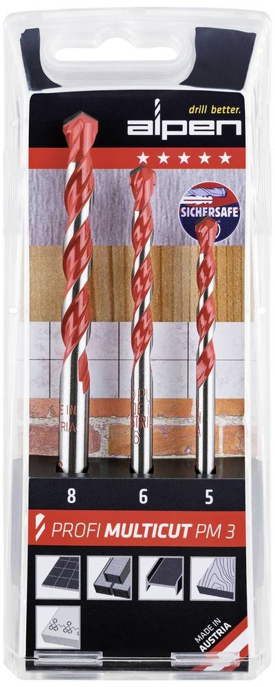 Alpen MultiCut 100703100 Hartmetall Mehrzweckbohrer-Set 3teilig 5 mm, 6 mm, 8 mm Zylinderschaft 1 Set