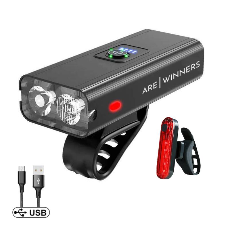 ARE WINNERS Luz de bicicleta delantera LED 1200 lúmenes + luz trasera USB