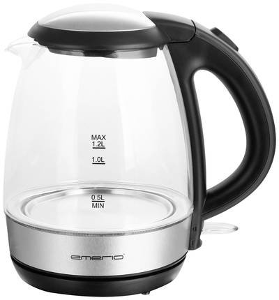 EMERIO WK-125145 Wasserkocher schnurlos Glas, Schwarz, Silber Fassungsvermögen: 1.2 l