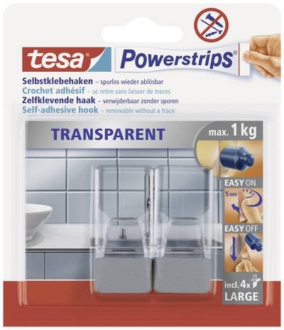 tesa POWERSTRIPS® Klebehaken Large Transparent, Chrom Inhalt: 2 St.