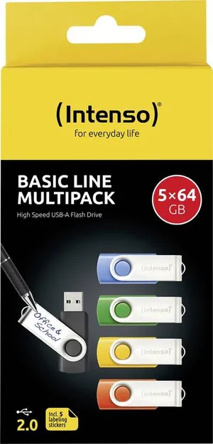 Intenso USB-Stick 5er Pack Basic Line 5 x 64 GB USB-Stick 64 GB Gelb, Grün, Blau, Orange, Schwarz 3503595 USB-A (USB 2.0