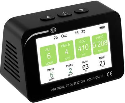 PCE Instruments Partikelzähler PCE-RCM 16 |0 … 999 µg/m³ |0 ... 5000 ppm/m³ |PM1 |PM2,5 |PM10 |Grenzwertalarm