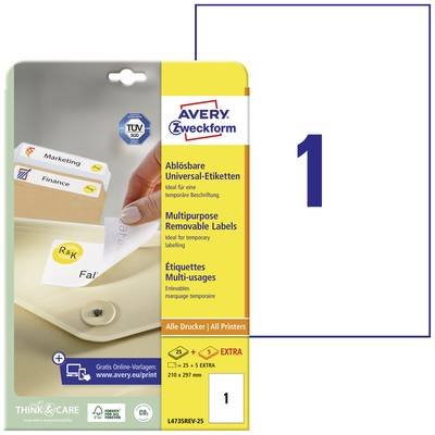 Avery-Zweckform L4735REV-25 Universal-Etiketten 210 x 297 mm Papier Weiß 30 St. Wiederablösbar Tintenstrahldrucker, Lase