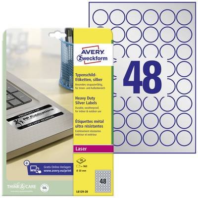 Avery-Zweckform L6129-20 Typenschild-Etiketten Ø 30 mm Polyester-Folie Silber 960 St. Permanent haftend Laserdrucker, Ko