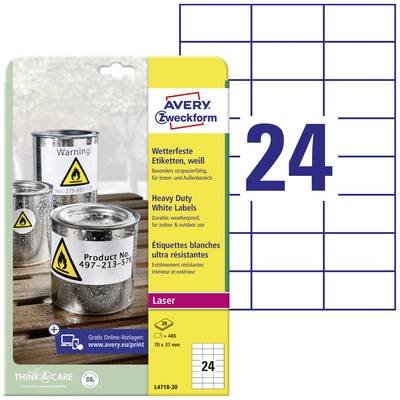 Avery-Zweckform L4718-20 Folien-Etiketten 70 x 37 mm Polyester-Folie Weiß 480 St. Permanent haftend Farblaserdrucker, La