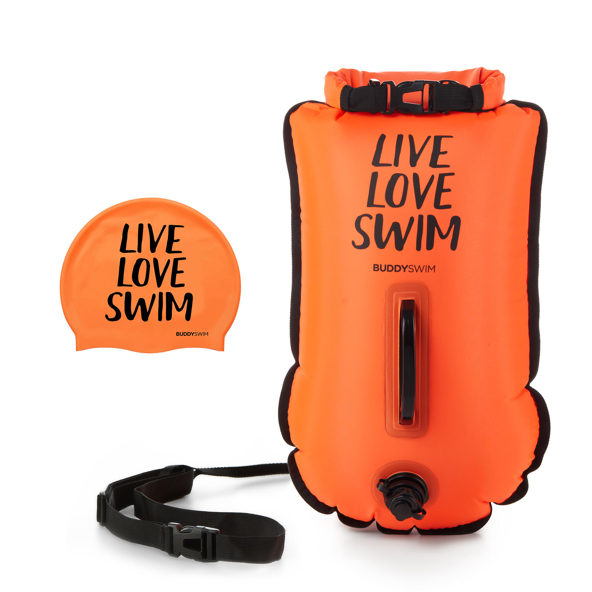 BUDDY SPORT Boya Natación Buddyswim de 20 litros Aguas Abiertas y Gorro de Natación naranja