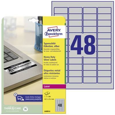 Avery-Zweckform L6009-8 Typenschild-Etiketten 45.7 x 21.2 mm Polyester-Folie Silber 384 St. Permanent haftend Laserdruck