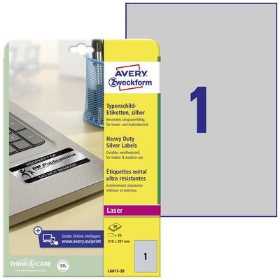 Avery-Zweckform L6013-20 Typenschild-Etiketten 210 x 297 mm Polyester-Folie Silber 20 St. Permanent haftend Laserdrucker
