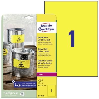 Avery-Zweckform L6111-20 Folien-Etiketten 210 x 297 mm Polyester-Folie Gelb 20 St. Permanent haftend Farblaserdrucker, L