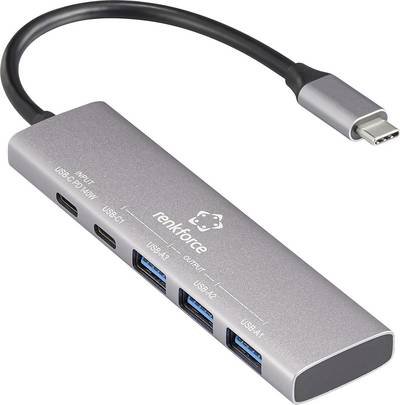 Renkforce RF-6676604 USB-Hub 3+1 Port USB-A, USB-C® USB 3.2 Gen1 5 GBit/s mit Aluminiumgehäuse, USB-C® PD Ladeanschluss