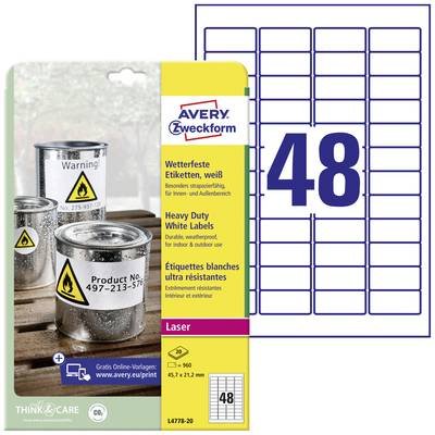 Avery-Zweckform L4778-20 Folien-Etiketten 45.7 x 21.2 mm Polyester-Folie Weiß 960 St. Permanent haftend Farblaserdrucker
