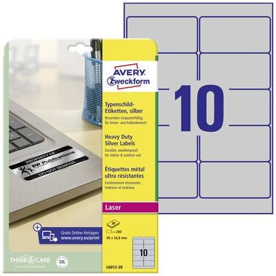 Avery-Zweckform L6012-20 Typenschild-Etiketten 96 x 50.8 mm Polyester-Folie Silber 200 St. Permanent haftend Laserdrucke