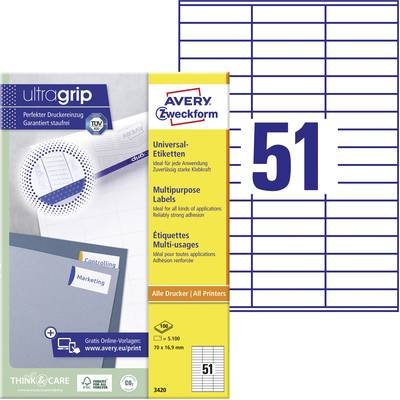 Avery-Zweckform 3420 Universal-Etiketten 70 x 16.9 mm Papier Weiß 5100 St. Permanent haftend Tintenstrahldrucker, Laserd