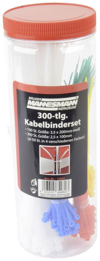 Brüder Mannesmann M13051 Kabelbinder 100 mm, 200 mm Weiß, Rot, Grün, Gelb, Blau 300 St.