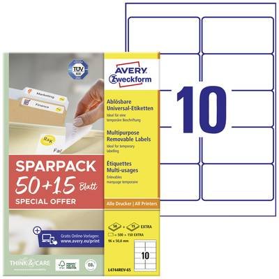 Avery-Zweckform L4744REV-65 Universal-Etiketten 96 x 50.8 mm Papier Weiß 65 Blatt Wiederablösbar Tintenstrahldrucker, La