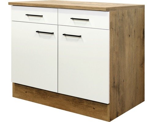 Unterschrank mit Schublade und Drehtür Flex Well Vintea BxHxT 100x85x60 cm Frontfarbe magnolienweiss - Korpusfarbe lancelot oak