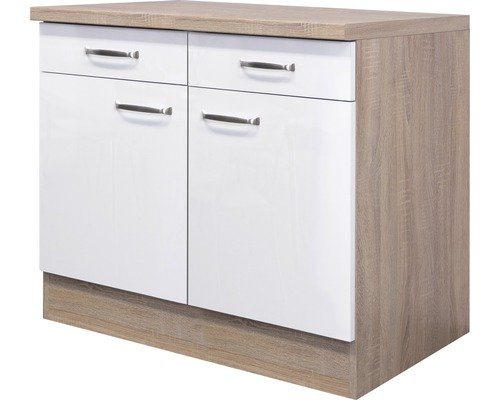 Unterschrank mit Schublade und Drehtür Flex Well Valero BxHxT 100x86x60 cm Frontfarbe weiss hochglanz - Korpusfarbe sonoma eiche