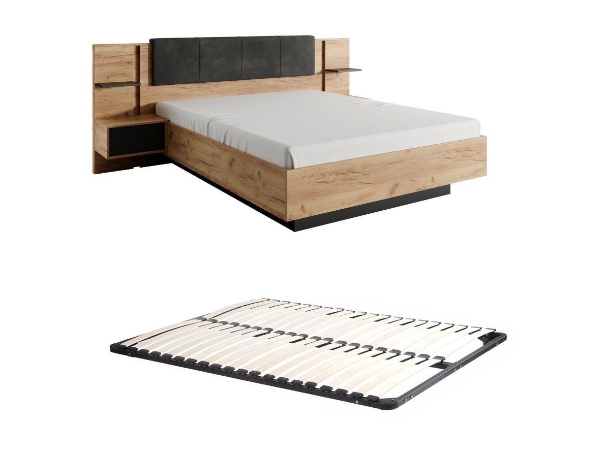 Bett mit Nachttischen + Lattenrost - 140 x 190 cm - Mit LED-Beleuchtung - Holzfarben & Anthrazit - ELYNIA