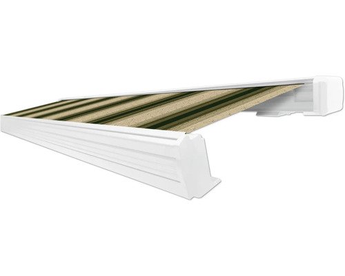 SOLUNA Kassettenmarkise Exquisit 2,5x2 Dessin 320b70 Gestell RAL 9010 reinweiss Antrieb rechts inkl. Motor und Wandschalter