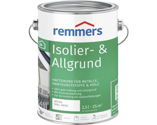 Remmers Isolier- und Allgrund - Haftgrund für Metalle, Hartkunststoff & Holz zur Vermeidung von Gelbverfärbungen - weiß 2,5 l