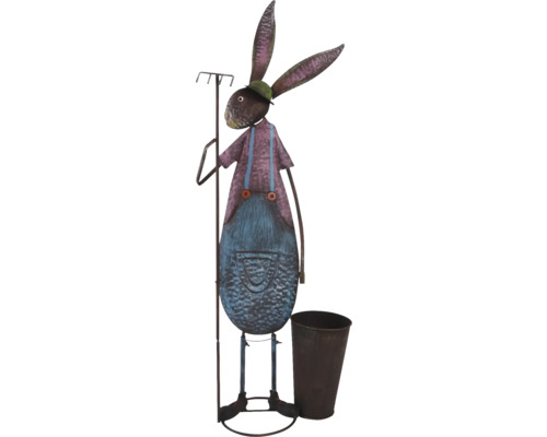 Dekofigur Lafiora Hase mit Eimer und Rechen Metall H 86 cm blau