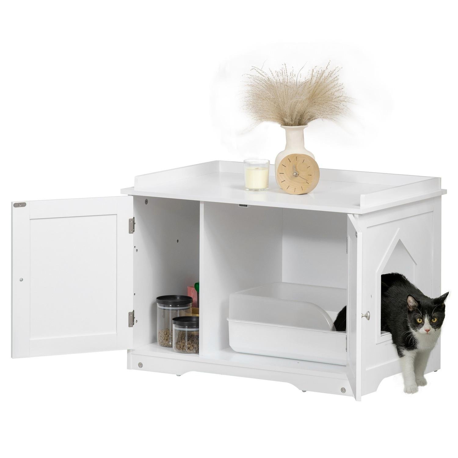 Katzenschrank Katzentoilette Verstellbare Trennwand Magnettüren Weiß 86X48X52Cm
