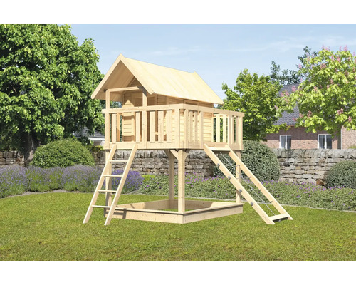 Spielturm Karibu Fidel 198 x 243 cm Holz bestehend aus Netzrampe, Grundturm