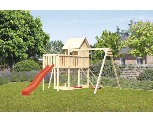 Spielturm Karibu Frieda 107 x 107 cm Holz bestehend aus Rutsche, 2 Brettschaukeln, Anbau, Netzrampe, rot