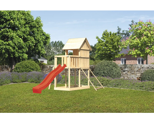 Spielturm Karibu Frieda 107 x 107 cm Holz bestehend aus Rutsche, Netzrampe, rot