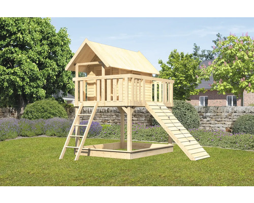 Spielturm Karibu Fidel 198 x 243 cm Holz bestehend aus Holzrampe, Grundturm