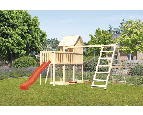 Spielturm Karibu Frieda 264 x 347 cm Holz bestehend aus Grundturm, Anbau, Plattform, Netzrampe, Schaukel, Rutsche