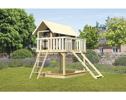 Spielturm Karibu Fidel 198 x 243 cm Holz grau bestehend aus Netzrampe, Grundturm