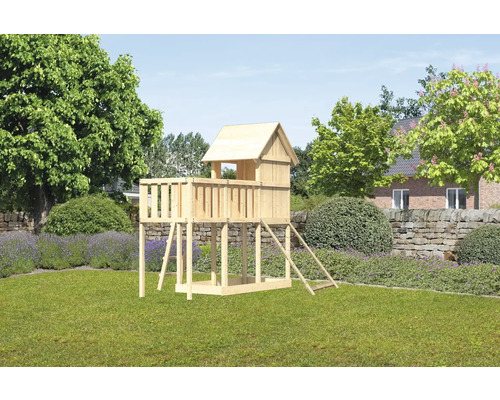 Spielturm Karibu Frieda 107 x 107 cm Holz bestehend aus Anbau, Netzrampe