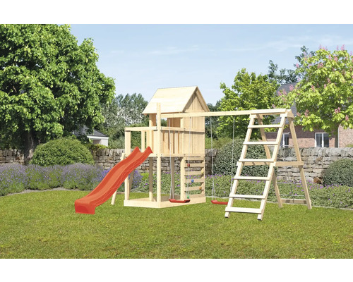 Karibu Frieda 107 x 107 cm Holz bestehend aus Grundturm,Anbau,Plattform,Netzrampe,Schaukel,Rutsche