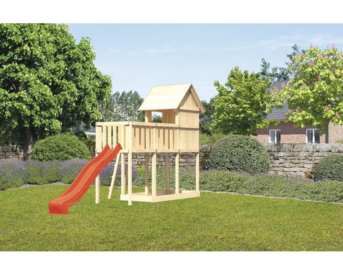Spielturm Karibu Frieda 107 x 107 cm Holz bestehend aus Rutsche, Anbau, rot