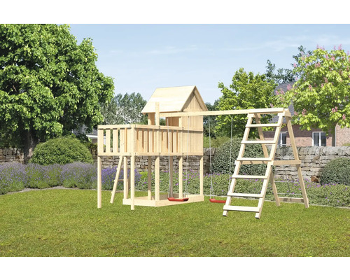 Spielturm Karibu Frieda 107 x 107 cm Holz bestehend aus Grundturm, Anbau, Plattform, Schaukel