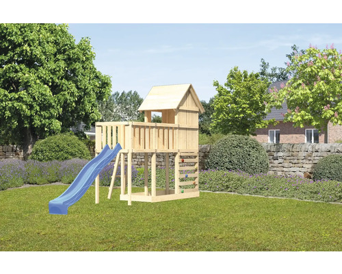 Spielturm Karibu Frieda 107 x 107 cm Holz bestehend aus Rutsche, Anbau, Kletterwand, blau