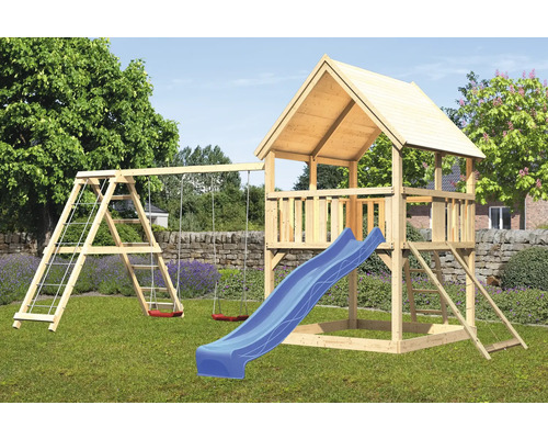 Spielturm Karibu Luis 200 x 200 cm Holz bestehend aus Grundturm, Rutsche, Kletterwand, Anbau, Schaukel blau