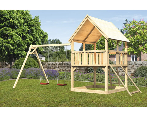 Spielturm Karibu Luis 200 x 200 cm Holz bestehend aus 2 Brettschaukeln, Netzrampe