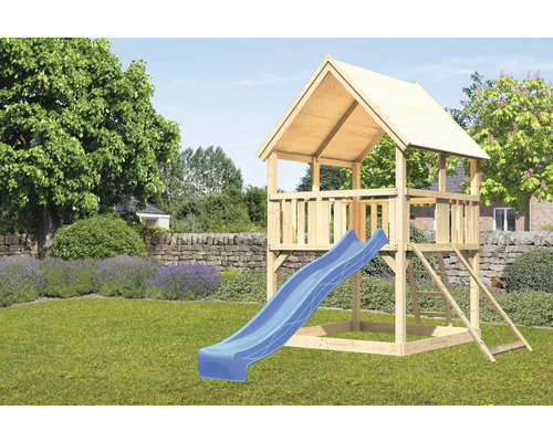 Spielturm Karibu Luis 200 x 200 cm Holz bestehend aus Grundturm, Rutsche, Netzrampe blau