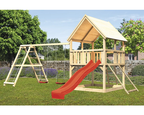 Spielturm Karibu Luis 200 x 200 cm Holz bestehend aus Grundturm, Rutsche, Kletterwand, Anbau, Schaukel rot
