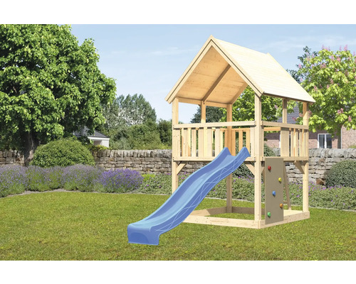Spielturm Karibu Luis 200 x 200 cm Holz bestehend aus Grundturm, Rutsche, Kletterwand blau