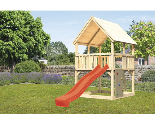 Spielturm Karibu Luis 200 x 200 cm Holz bestehend aus Grundturm, Rutsche, Kletterwand rot