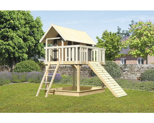 Spielturm Karibu Fidel 198 x 243 cm Holz grau bestehend aus Holzrampe, Grundturm