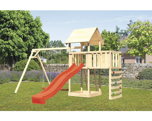 Spielturm Karibu Lotti 107 x 107 cm Holz bestehend aus Rutsche, 2 Brettschaukeln, Anbau, Kletterwand, rot