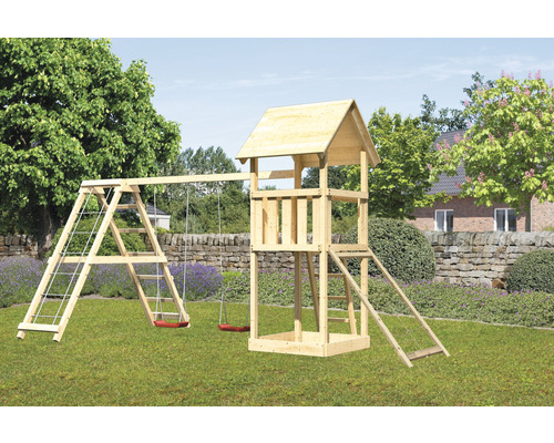 Spielturm Karibu Lotti 107 x 107 cm Holz bestehend aus Anbau, Grundturm, Netzrampe, rot